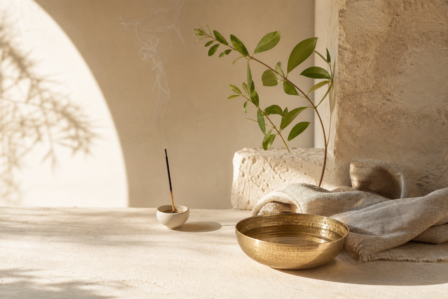 A serene morning ritual with a brass bowl, natural linen, incense, and greenery