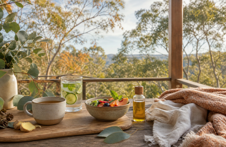 Seasonal drinks, fruit, natural oil and layered fabrics overlooking Australian eucalyptus bushland
