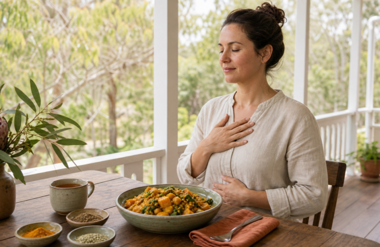 A person pausing mindfully before enjoying a warm nourishing meal with digestive spices