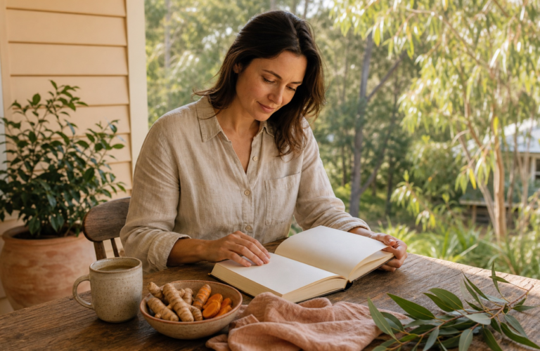 A person reading an introductory book beside turmeric and ginger in a peaceful Australian garden