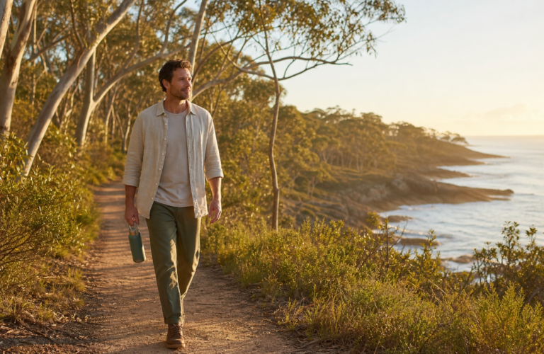 A person taking a relaxed morning walk along an Australian coastal bush path
