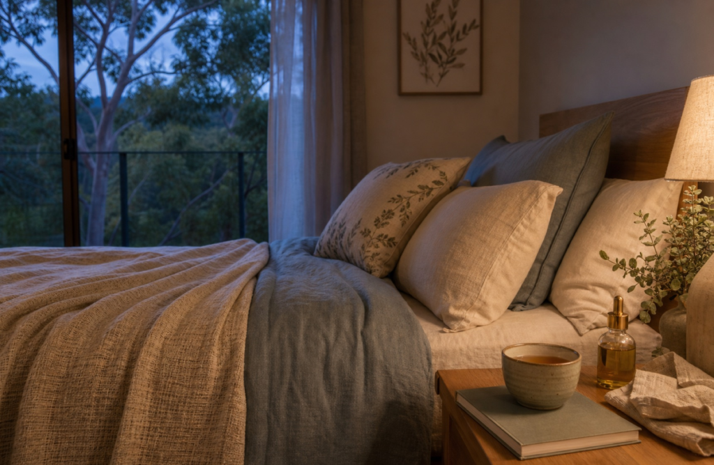 A peaceful bedroom prepared for rest with natural linen, herbal tea and soft evening light