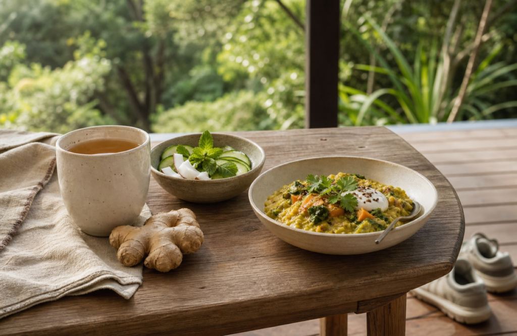 Balanced Ayurvedic daily choices with nourishing food, herbal tea and outdoor movement