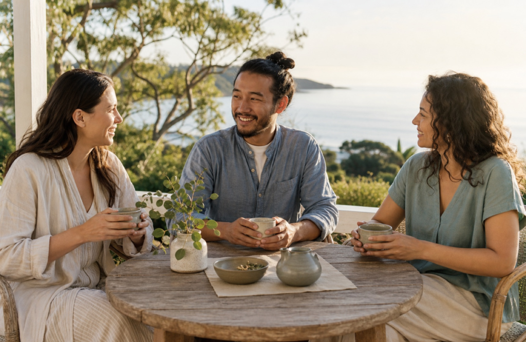 Three friends sharing herbal tea during a peaceful morning ritual overlooking the Australian coast