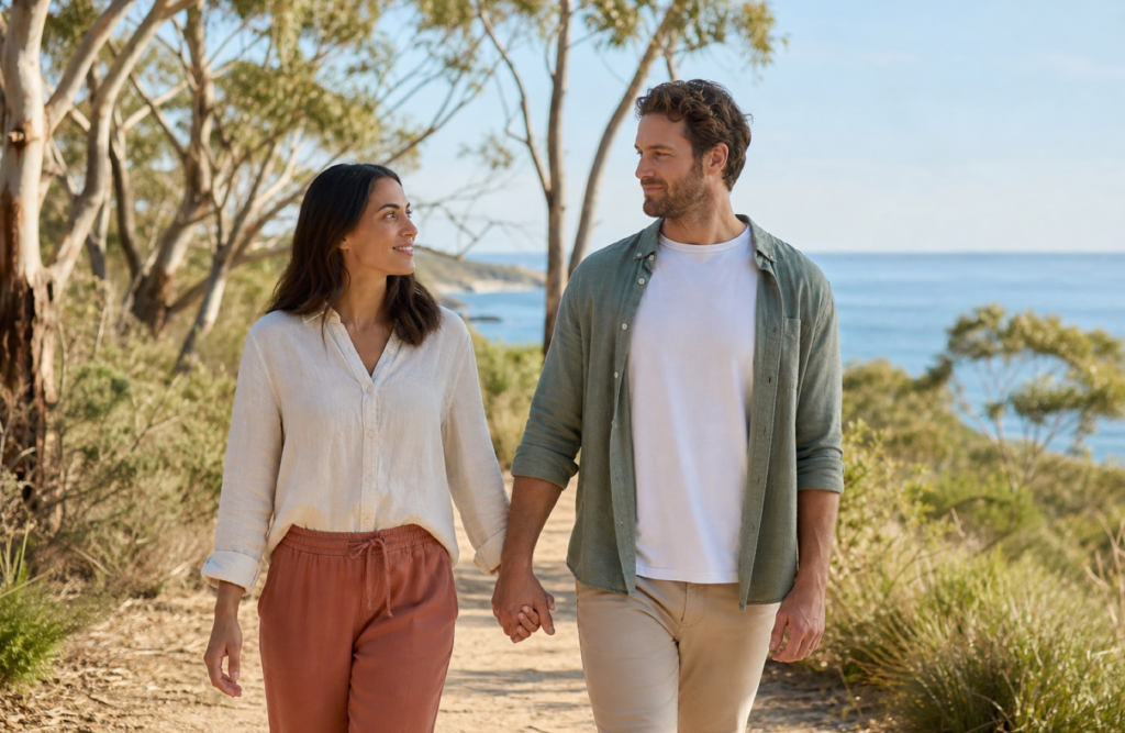 A couple walking together on a peaceful coastal path surrounded by eucalyptus trees