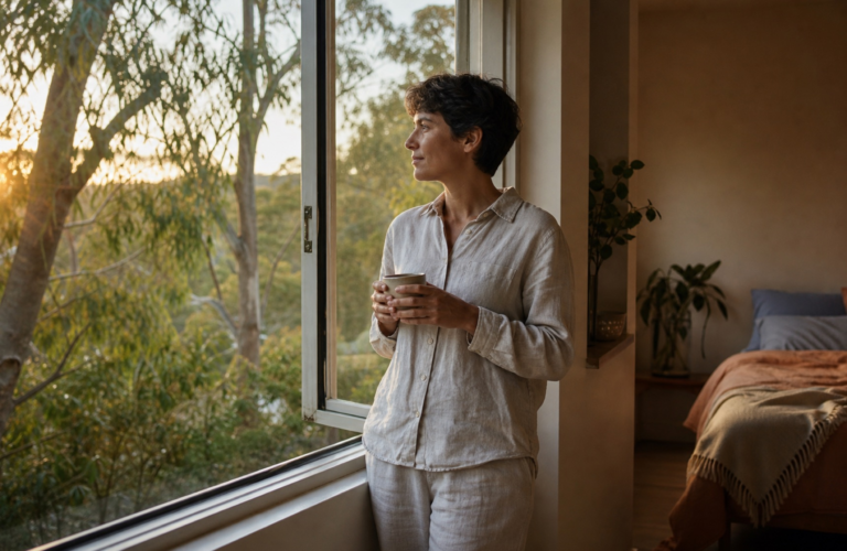 A person enjoying a peaceful morning drink beside an open window overlooking eucalyptus trees