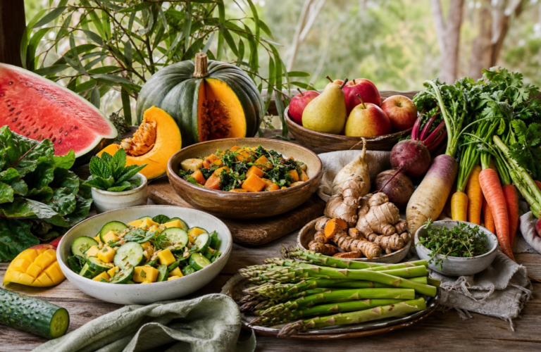 A colourful selection of seasonal Australian fruit, vegetables, herbs and nourishing meals