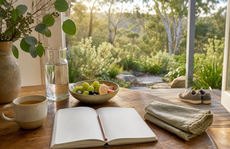 A journal, herbal tea, water and seasonal fruit overlooking a peaceful eucalyptus garden