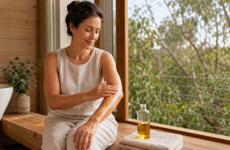 A person mindfully applying warm massage oil to their forearm during a morning self-care routine