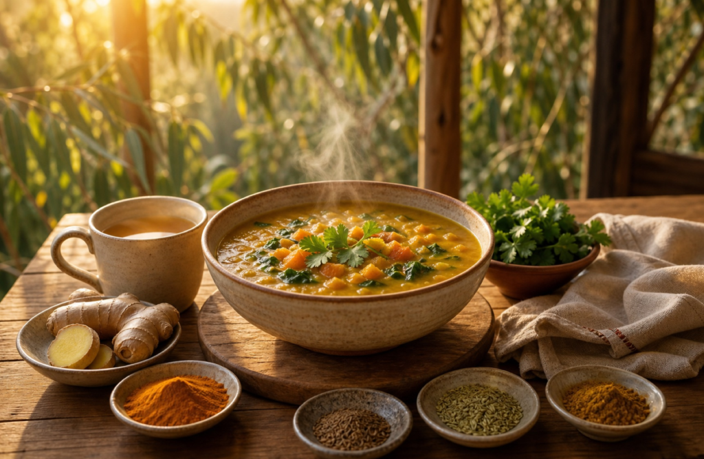 A warm nourishing meal with ginger, turmeric and digestive spices glowing in the morning light