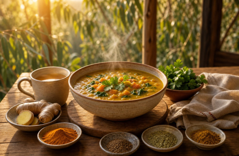 A warm nourishing meal with ginger, turmeric and digestive spices glowing in the morning light