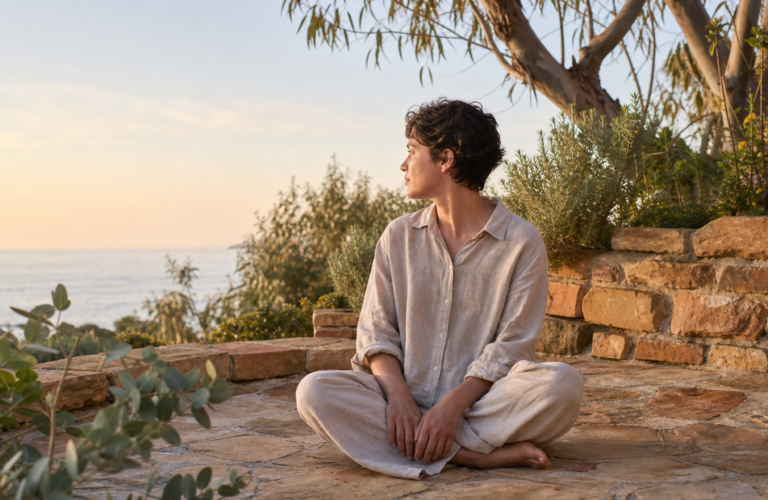 A person sitting peacefully in a coastal garden at sunrise